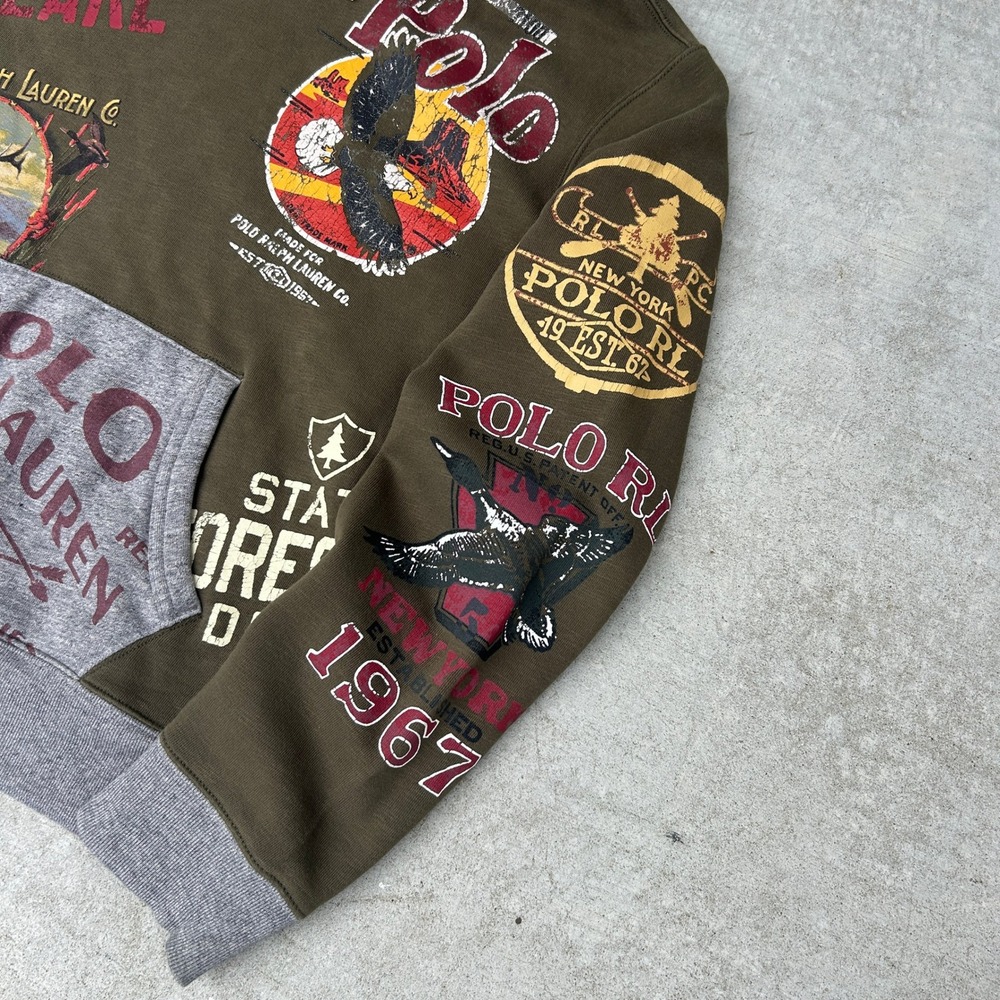 Polo Ralph Lauren Sportsman Afterhood Hoodie Mens Large Olive Multi Graphic Rare - Picture 4 of 8